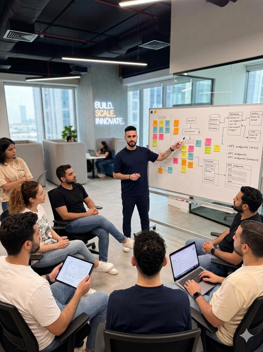 Pulkit leading a build session with a founding team at a whiteboard