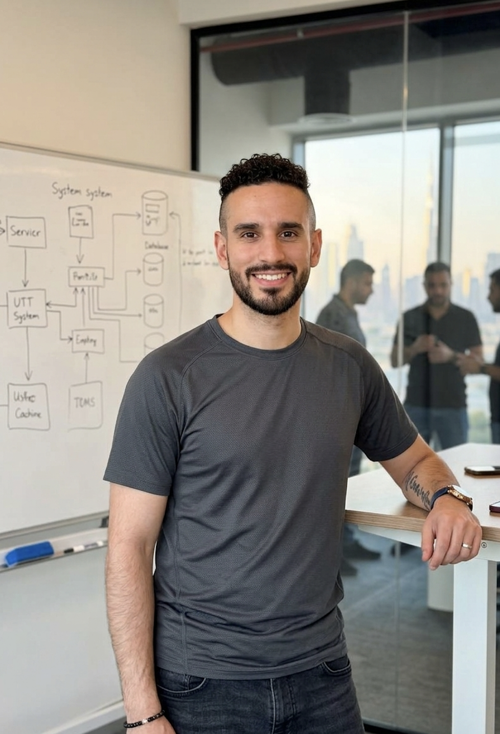 Pulkit Ganjoo in front of a system architecture whiteboard